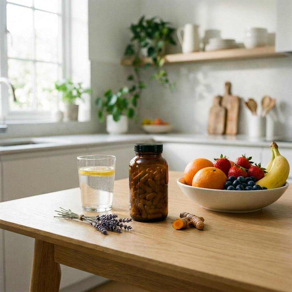 “multivitamínico ao lado de copo de água e frutas”